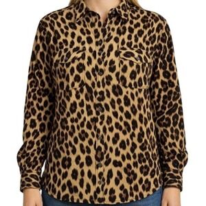 Jason Wu Leopard Print Satin Button Up Blouse Women's M/L Brown Animal Print